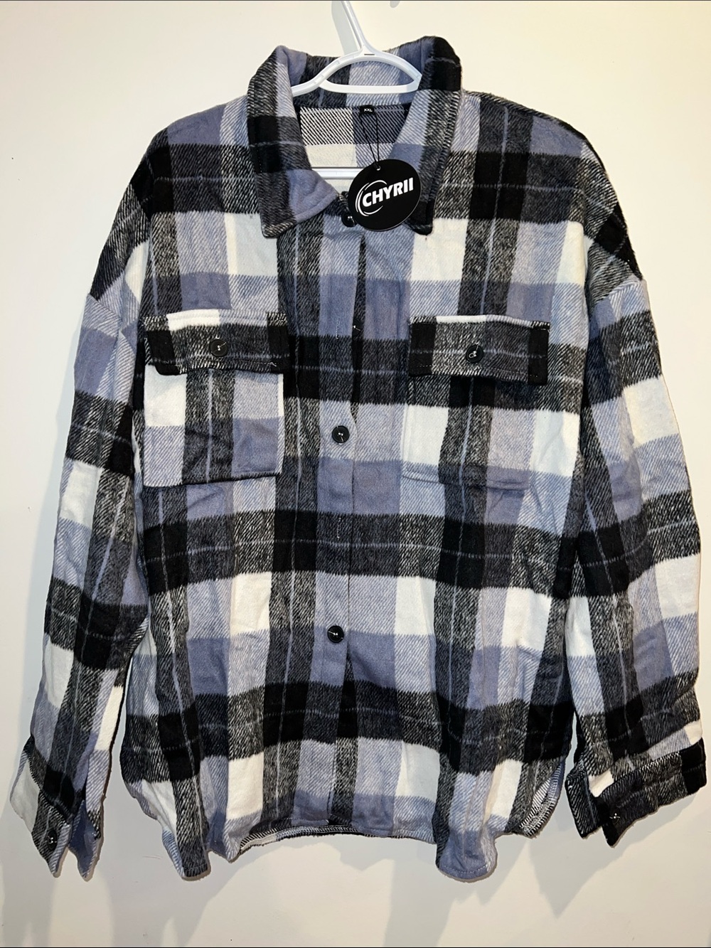 Chyrii Women’s Plaid Flannel Button Down Shacket - Black, Blue & White